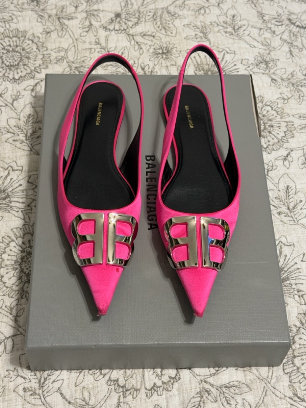 Balenciaga Hot Pink BB Pointed Slingback Flats